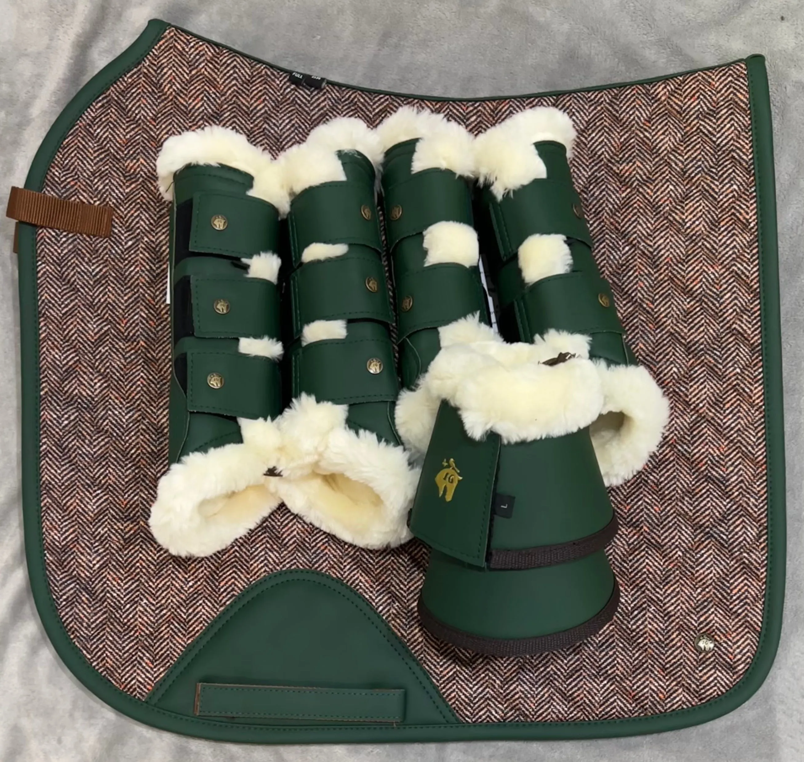 16C (Sixteen Cypress) Set - Dressage Saddle Pad/Brushing Boots/Bell Boots - Herringbone & Hunter Green