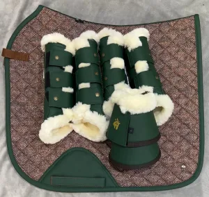 16C (Sixteen Cypress) Set - Dressage Saddle Pad/Brushing Boots/Bell Boots - Herringbone & Hunter Green