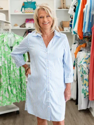 3/4 Sleeve Button Dress Blue Stripe by Boho Chic