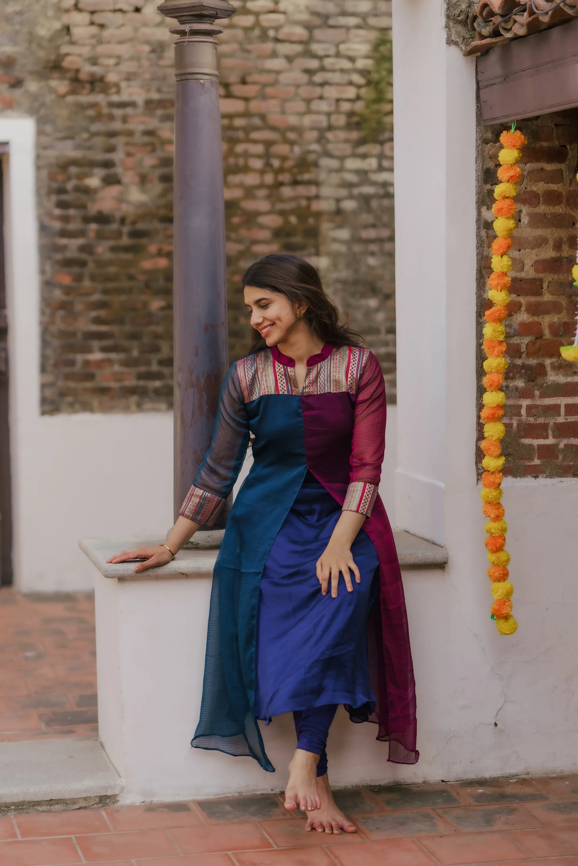Aadhirai Wine with Teal Blue (Kurti)