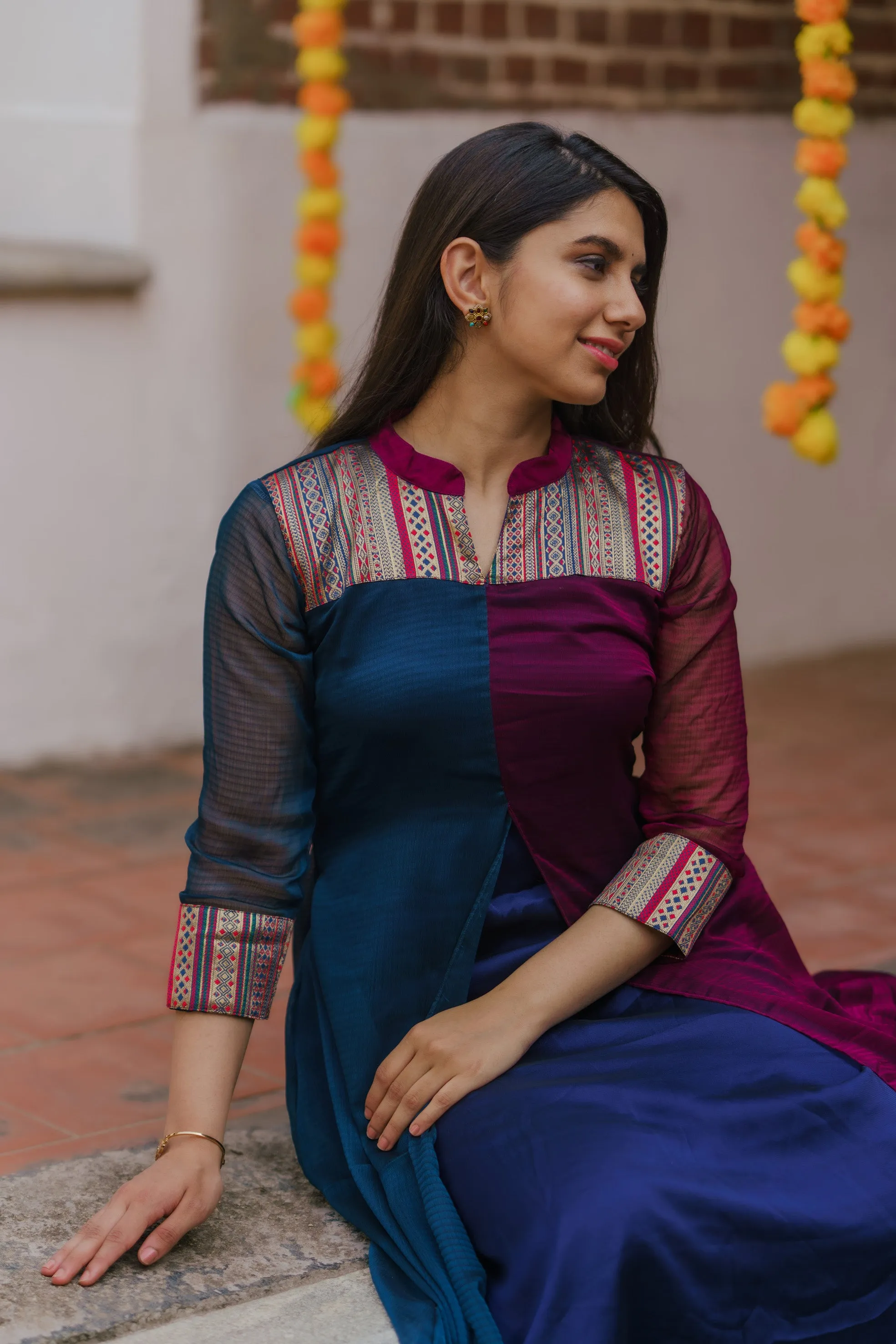 Aadhirai Wine with Teal Blue (Kurti)