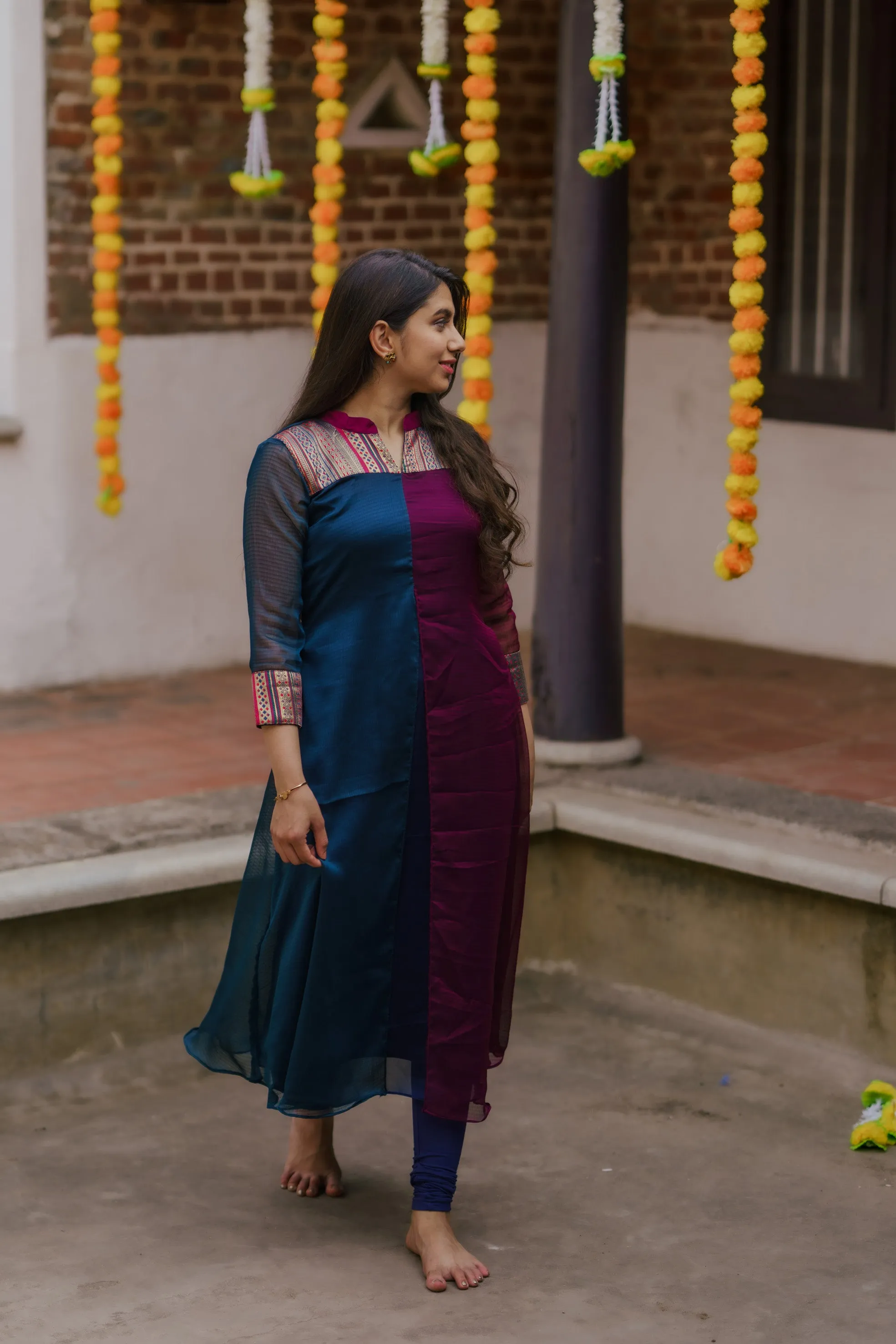 Aadhirai Wine with Teal Blue (Kurti)