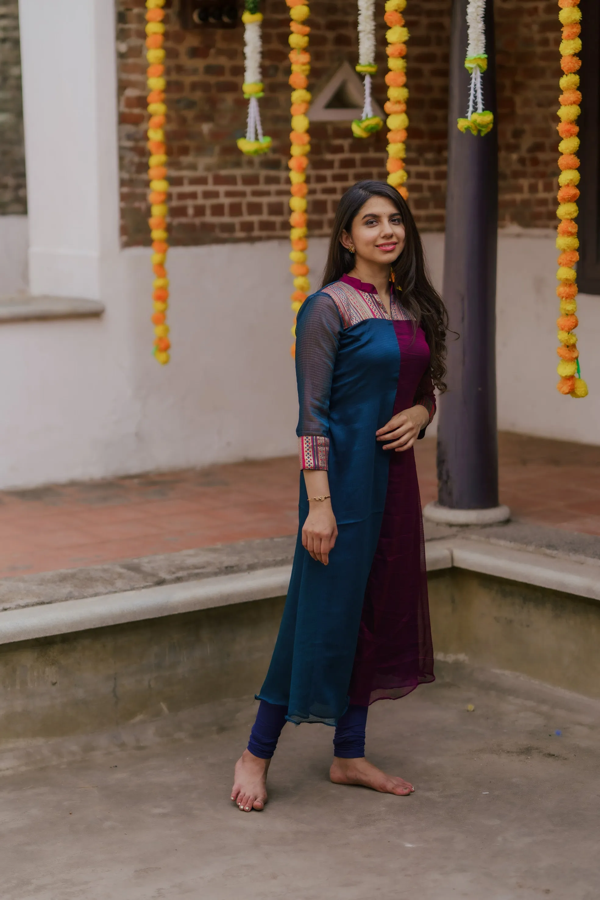 Aadhirai Wine with Teal Blue (Kurti)