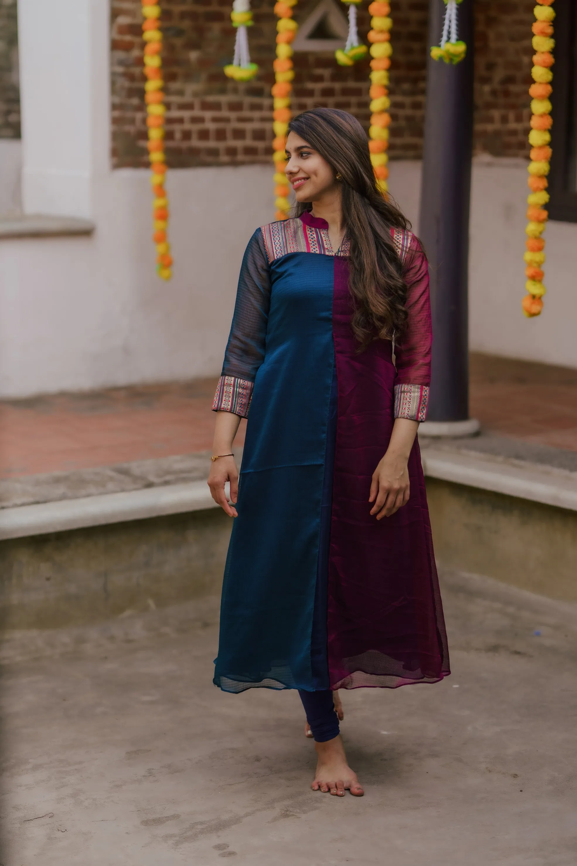 Aadhirai Wine with Teal Blue (Kurti)