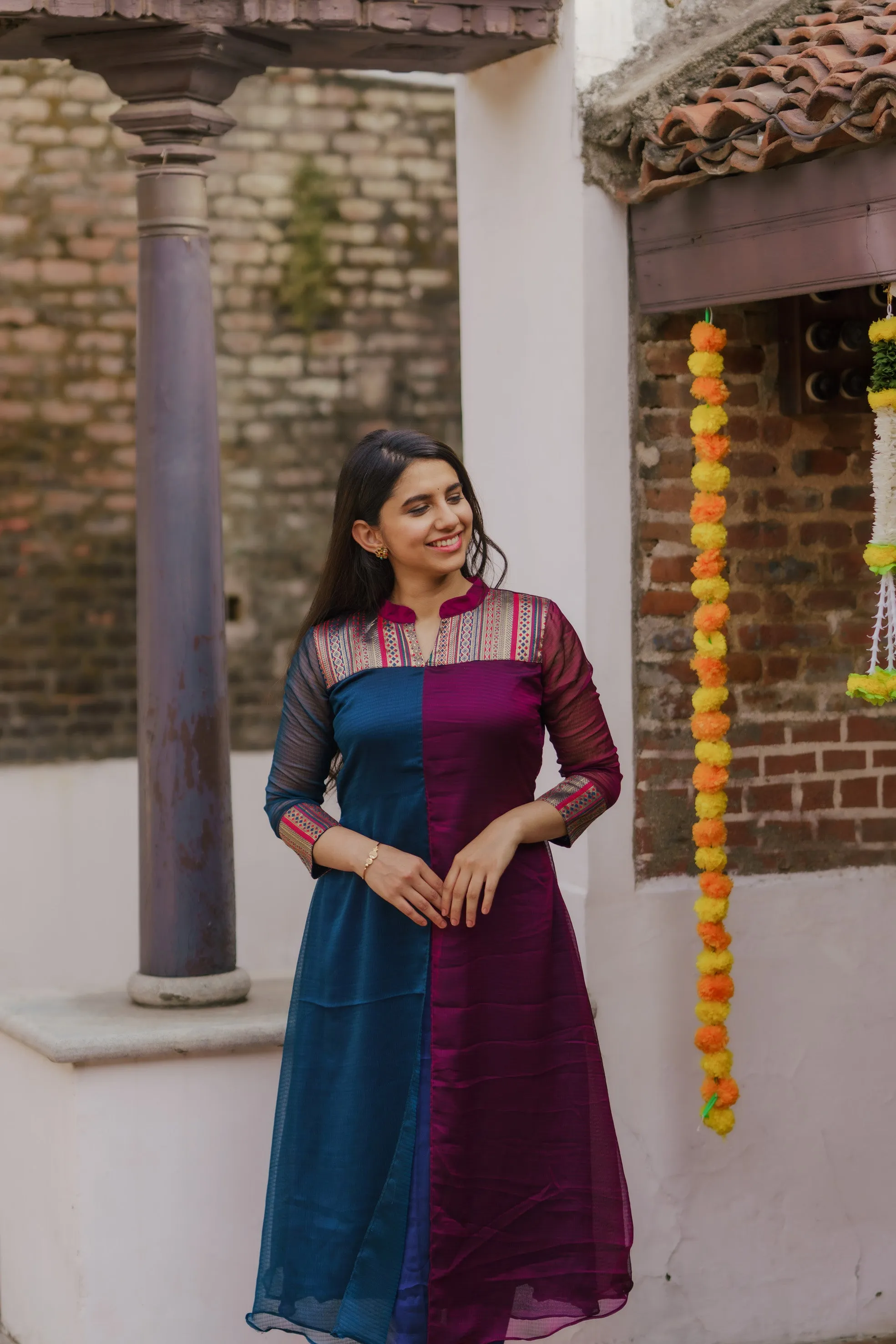 Aadhirai Wine with Teal Blue (Kurti)