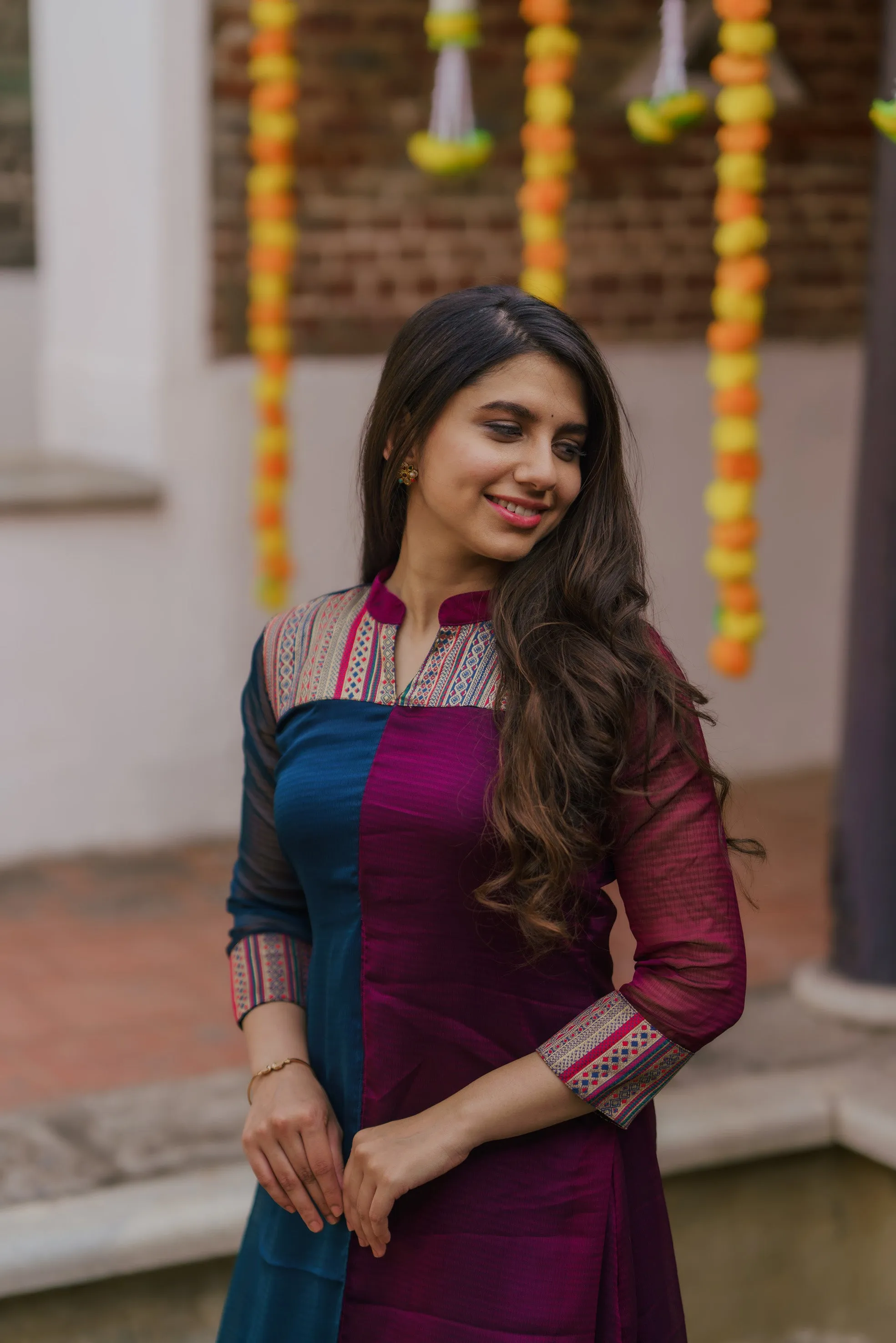 Aadhirai Wine with Teal Blue (Kurti)