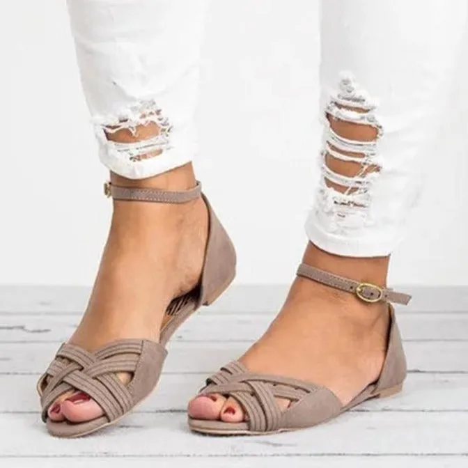 Ankle strap sandals flat cute sandals criss cross peep toe