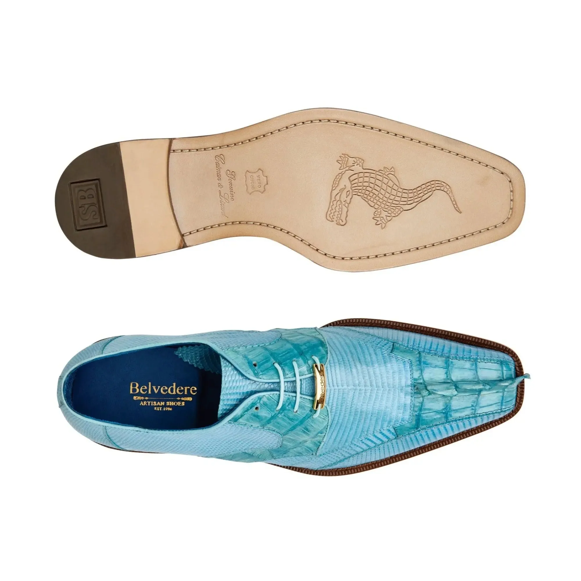 Belvedere Valter in Summer Blue Genuine Caiman Croc & Lizard Oxfords