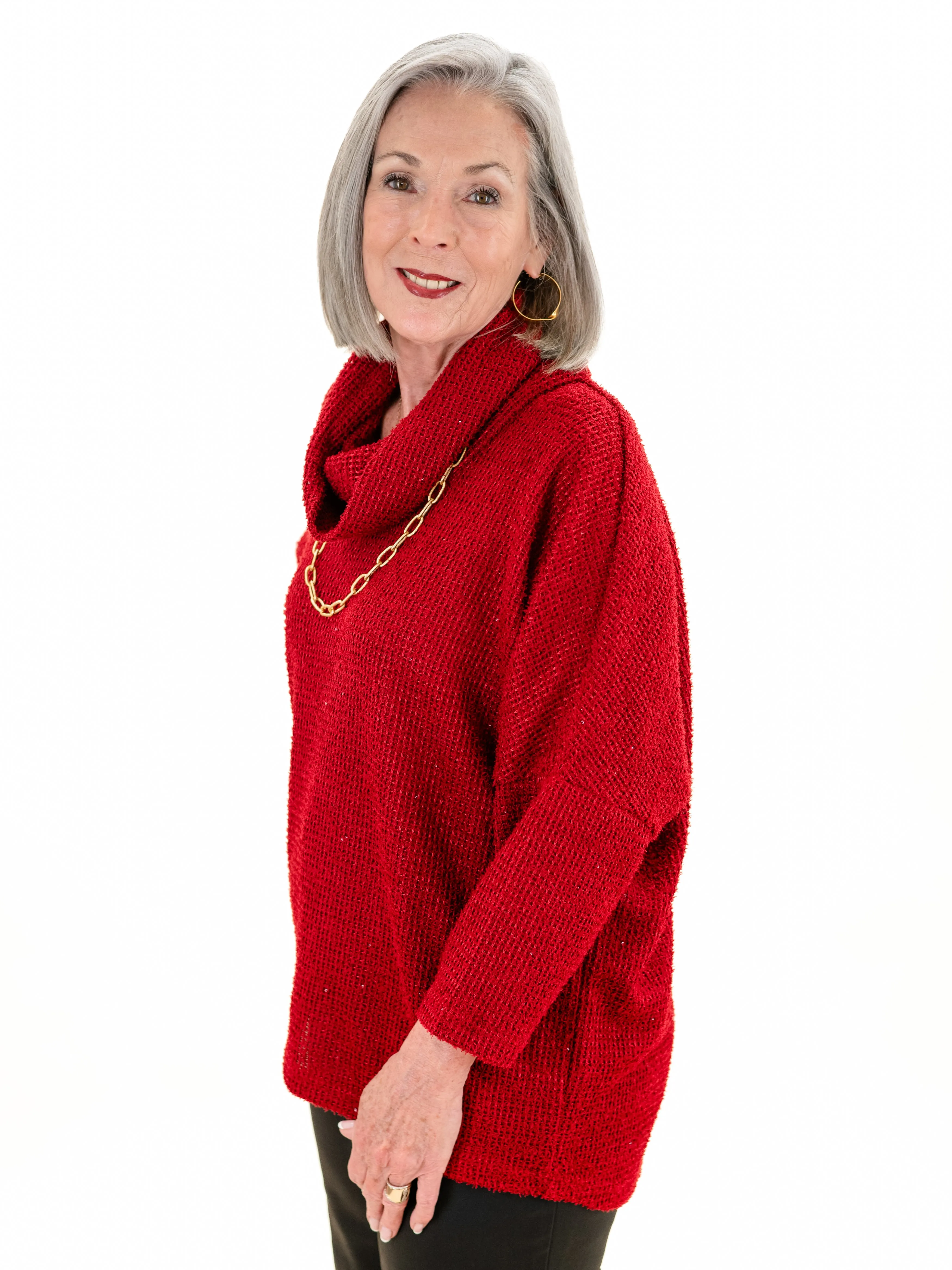 Cowl Neck Drop Shoulder Sweater Red