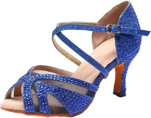 Dancing Shoes for Woman Latin Dance Shoes Adult Ladies Salsa Tango Shoes Trainer Shoes High Heel Sandals(Indoor Blue 7.5cm,37)