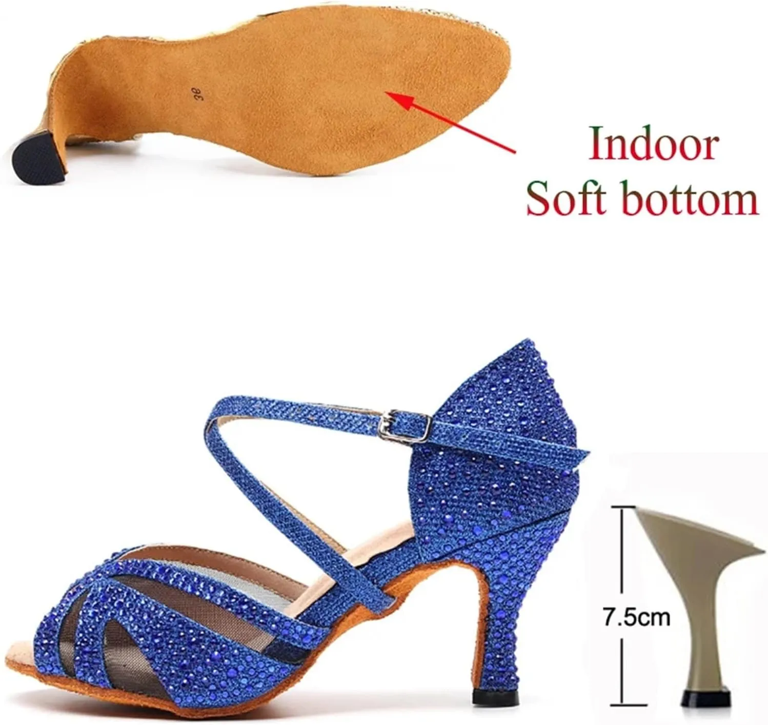 Dancing Shoes for Woman Latin Dance Shoes Adult Ladies Salsa Tango Shoes Trainer Shoes High Heel Sandals(Indoor Blue 7.5cm,37)