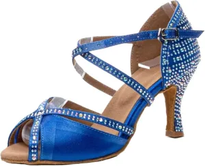 Dancing Shoes for Woman Latin Dance Shoes Women Salsa Tango Ballroom Party Women Shoes Rhinestone Heeled Sandals(Indoor Blue 6cm,41)
