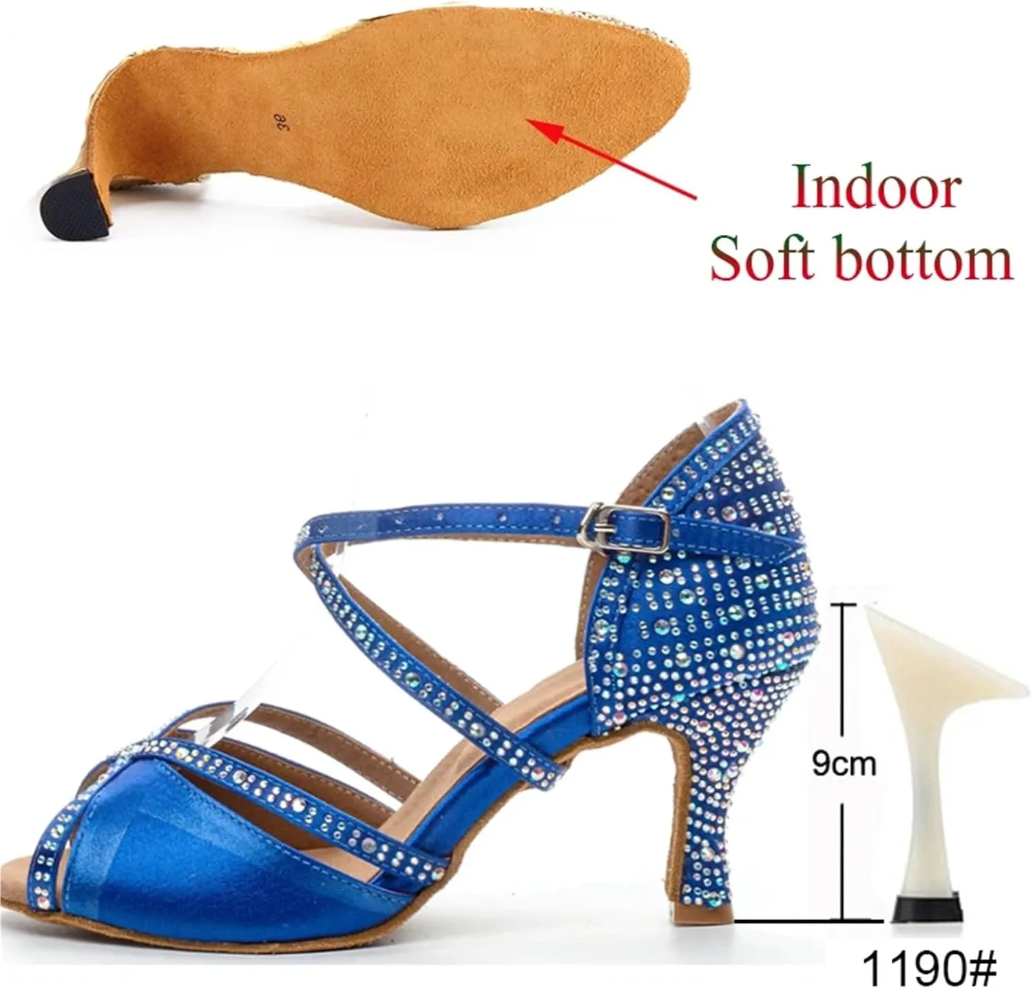 Dancing Shoes for Woman Latin Dance Shoes Women Salsa Tango Ballroom Party Women Shoes Rhinestone Heeled Sandals(Indoor Blue 9cm,34)