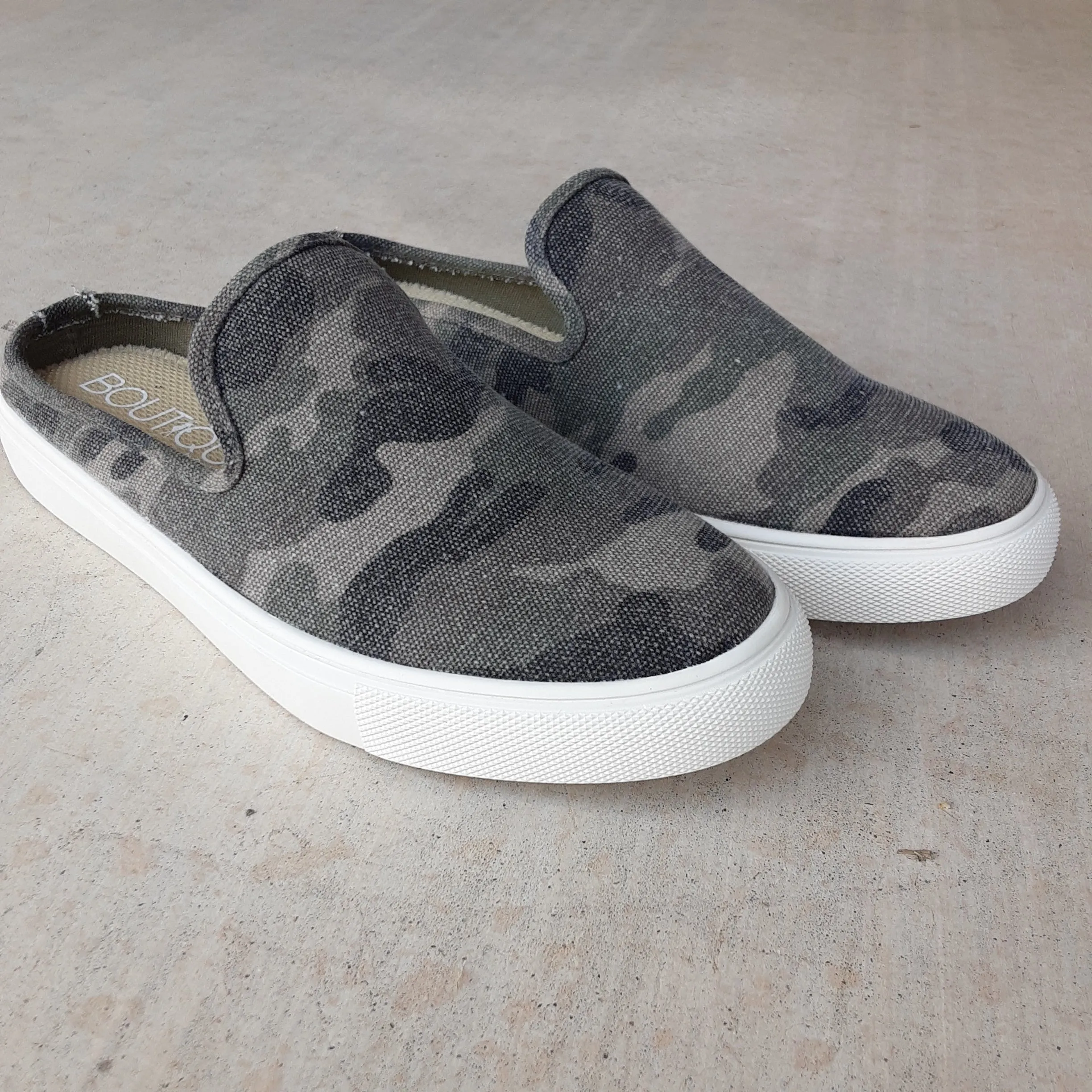 Distressed Camo Open Back Slip On Mules | Boutique by Corkys | Abbott