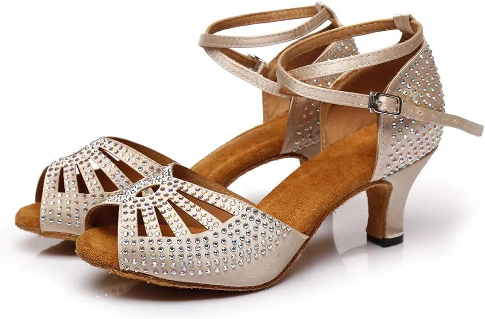 DKZSYIM Women's Professional Satin Latin Dance Shoes Ballroom Performance Rhinestone Wedding Dance Shoes,Model YCL399