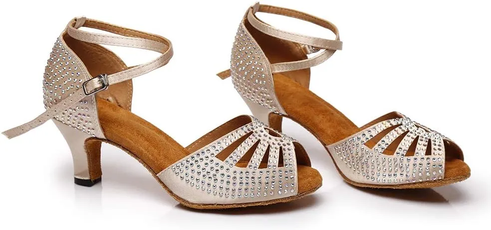 DKZSYIM Women's Professional Satin Latin Dance Shoes Ballroom Performance Rhinestone Wedding Dance Shoes,Model YCL399