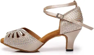 DKZSYIM Women's Professional Satin Latin Dance Shoes Ballroom Performance Rhinestone Wedding Dance Shoes,Model YCL399