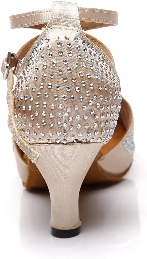 DKZSYIM Women's Professional Satin Latin Dance Shoes Ballroom Performance Rhinestone Wedding Dance Shoes,Model YCL399