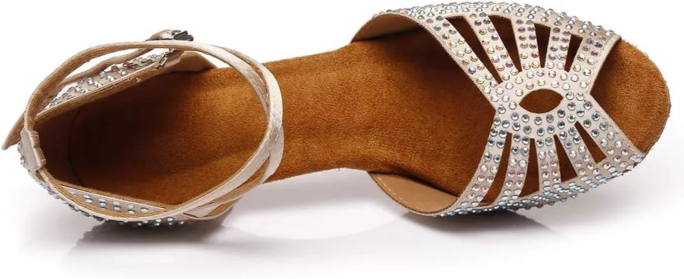 DKZSYIM Women's Professional Satin Latin Dance Shoes Ballroom Performance Rhinestone Wedding Dance Shoes,Model YCL399