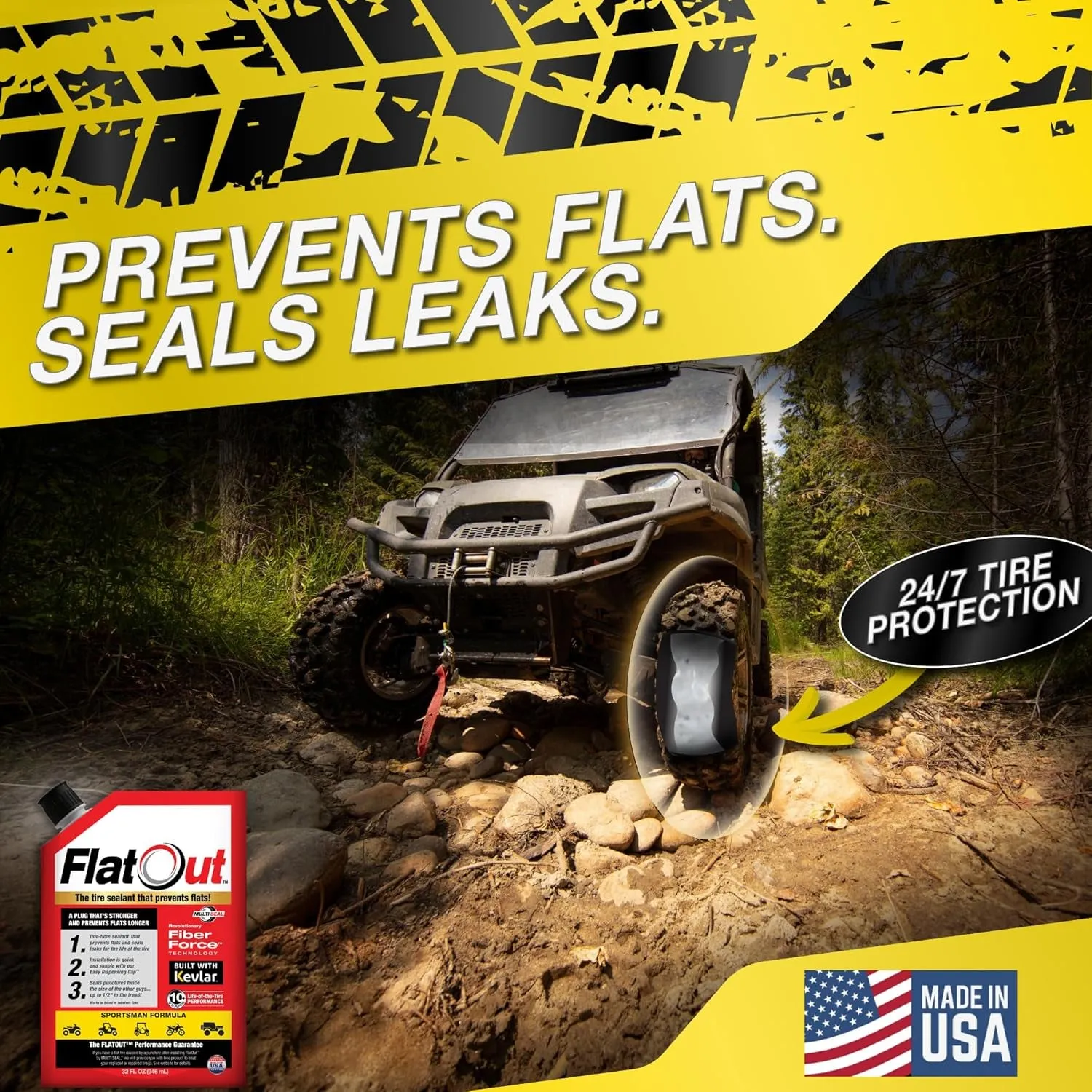 Flatout Tire Sealant Sportsman Formula - Prevent Flat Tires, Seal Leaks, Contains Kevlar, 32-Ounce Bag, 1-Pack