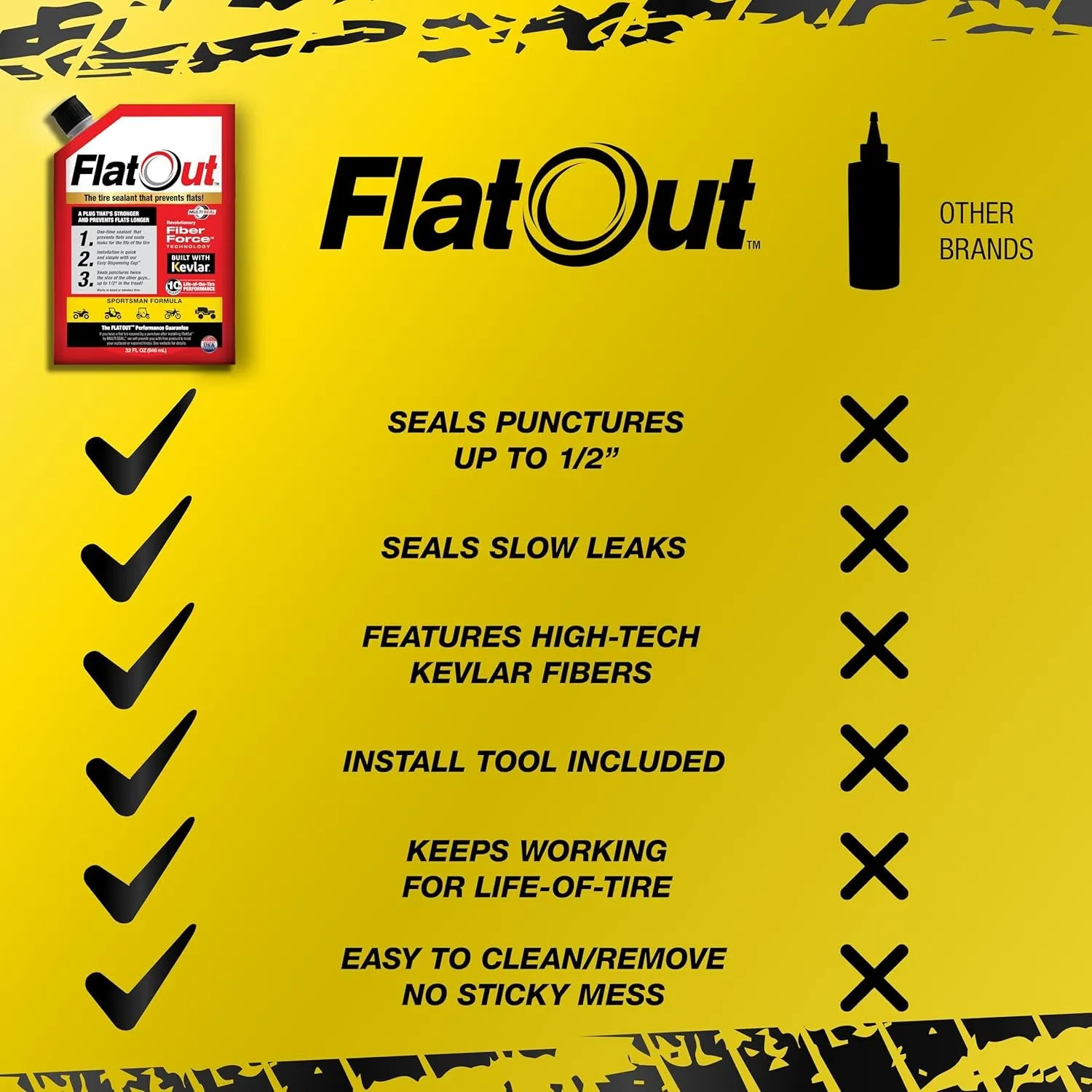 Flatout Tire Sealant Sportsman Formula - Prevent Flat Tires, Seal Leaks, Contains Kevlar, 32-Ounce Bag, 1-Pack