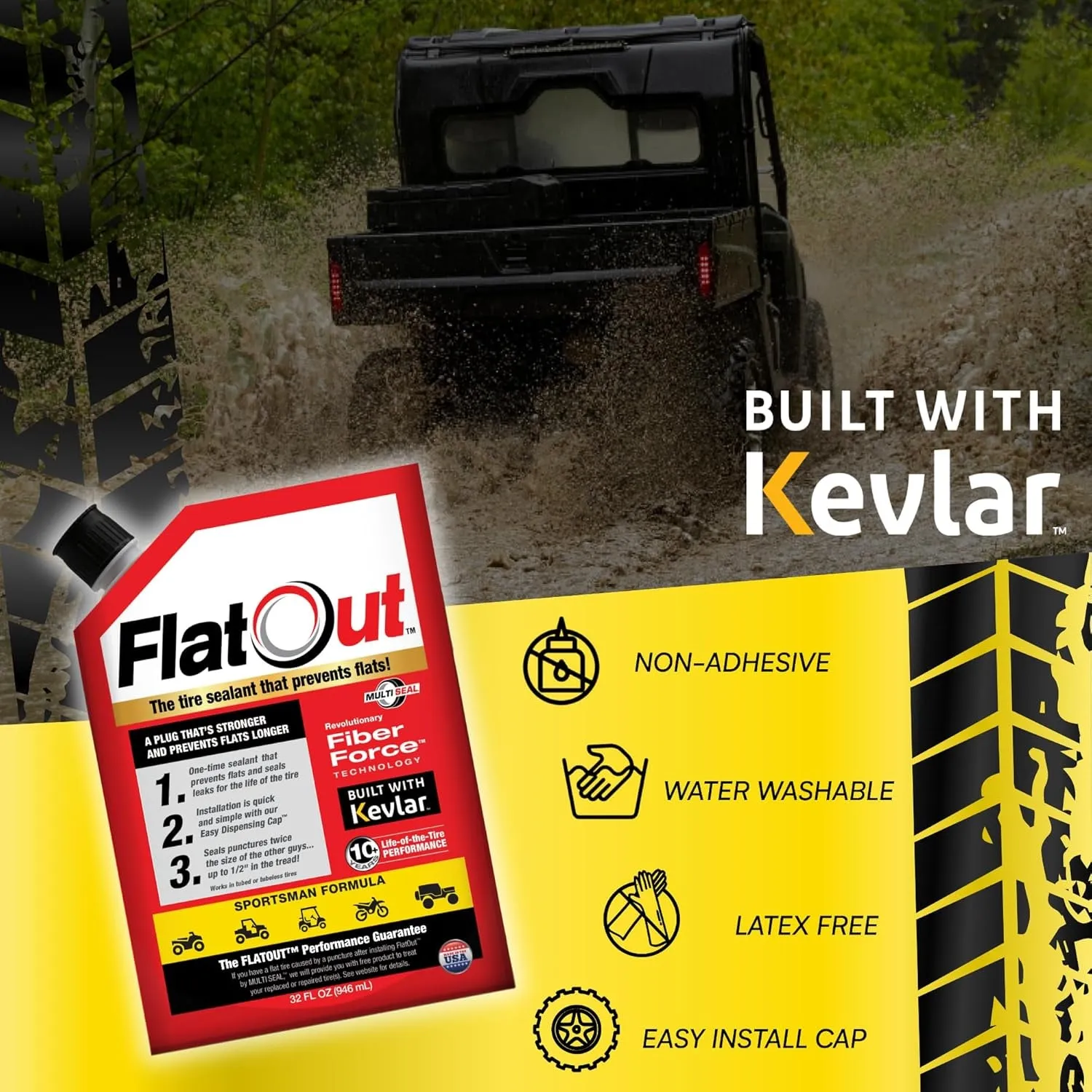 Flatout Tire Sealant Sportsman Formula - Prevent Flat Tires, Seal Leaks, Contains Kevlar, 32-Ounce Bag, 1-Pack