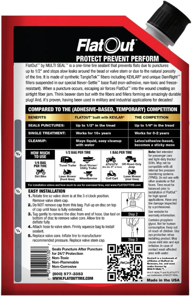 Flatout Tire Sealant Sportsman Formula - Prevent Flat Tires, Seal Leaks, Contains Kevlar, 32-Ounce Bag, 1-Pack