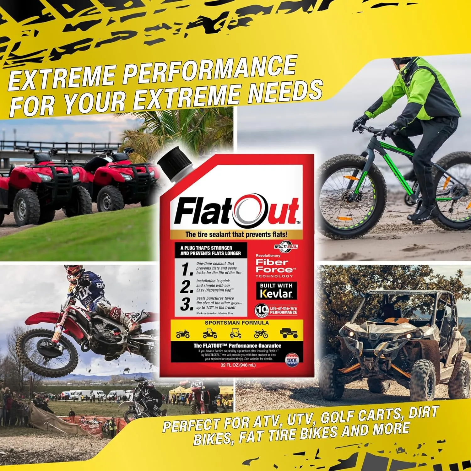 Flatout Tire Sealant Sportsman Formula - Prevent Flat Tires, Seal Leaks, Contains Kevlar, 32-Ounce Bag, 1-Pack