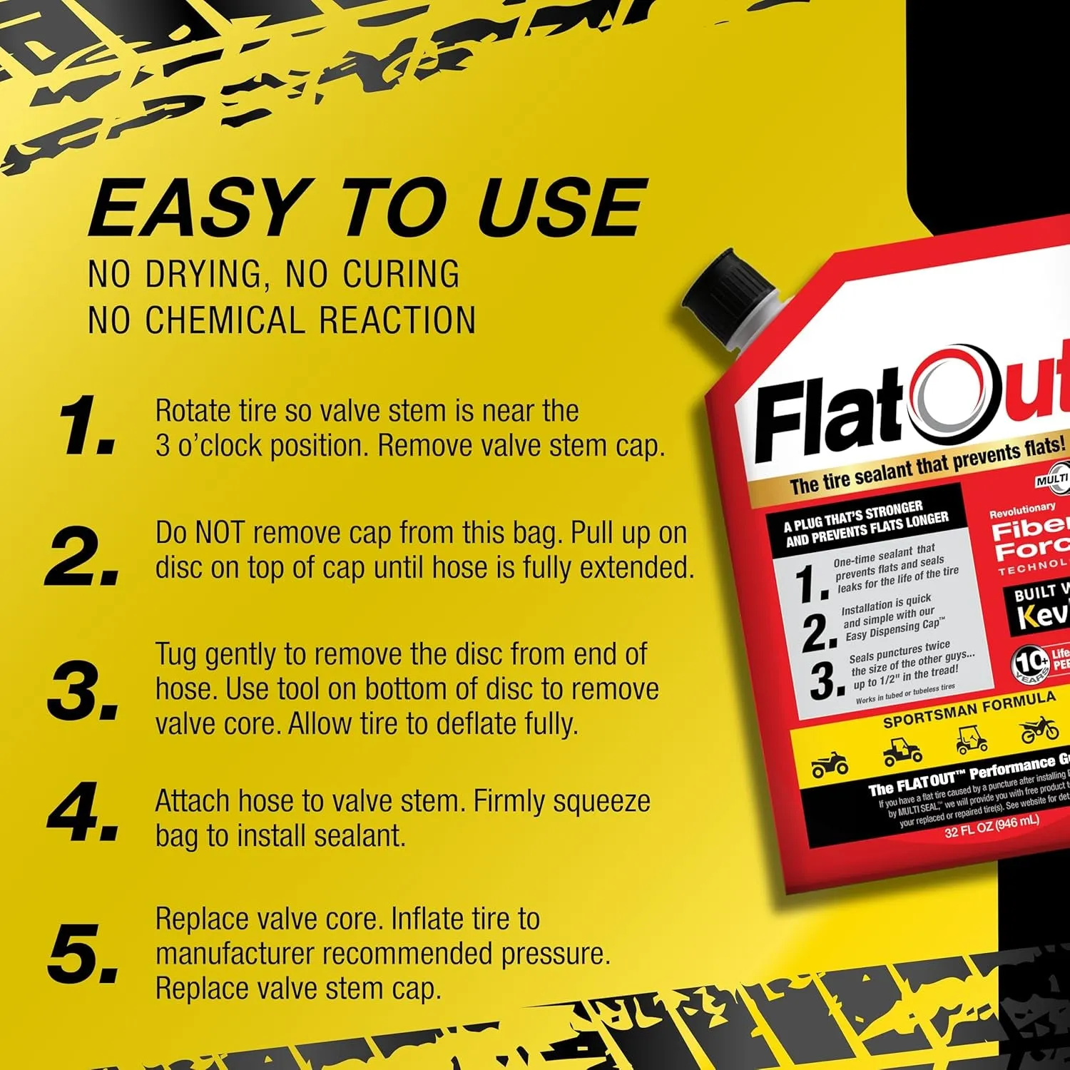 Flatout Tire Sealant Sportsman Formula - Prevent Flat Tires, Seal Leaks, Contains Kevlar, 32-Ounce Bag, 1-Pack