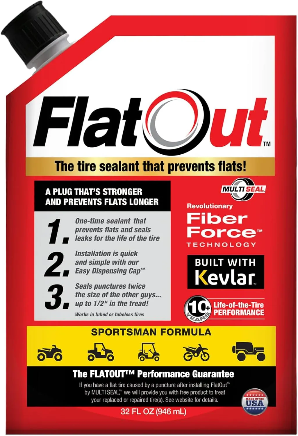Flatout Tire Sealant Sportsman Formula - Prevent Flat Tires, Seal Leaks, Contains Kevlar, 32-Ounce Bag, 1-Pack