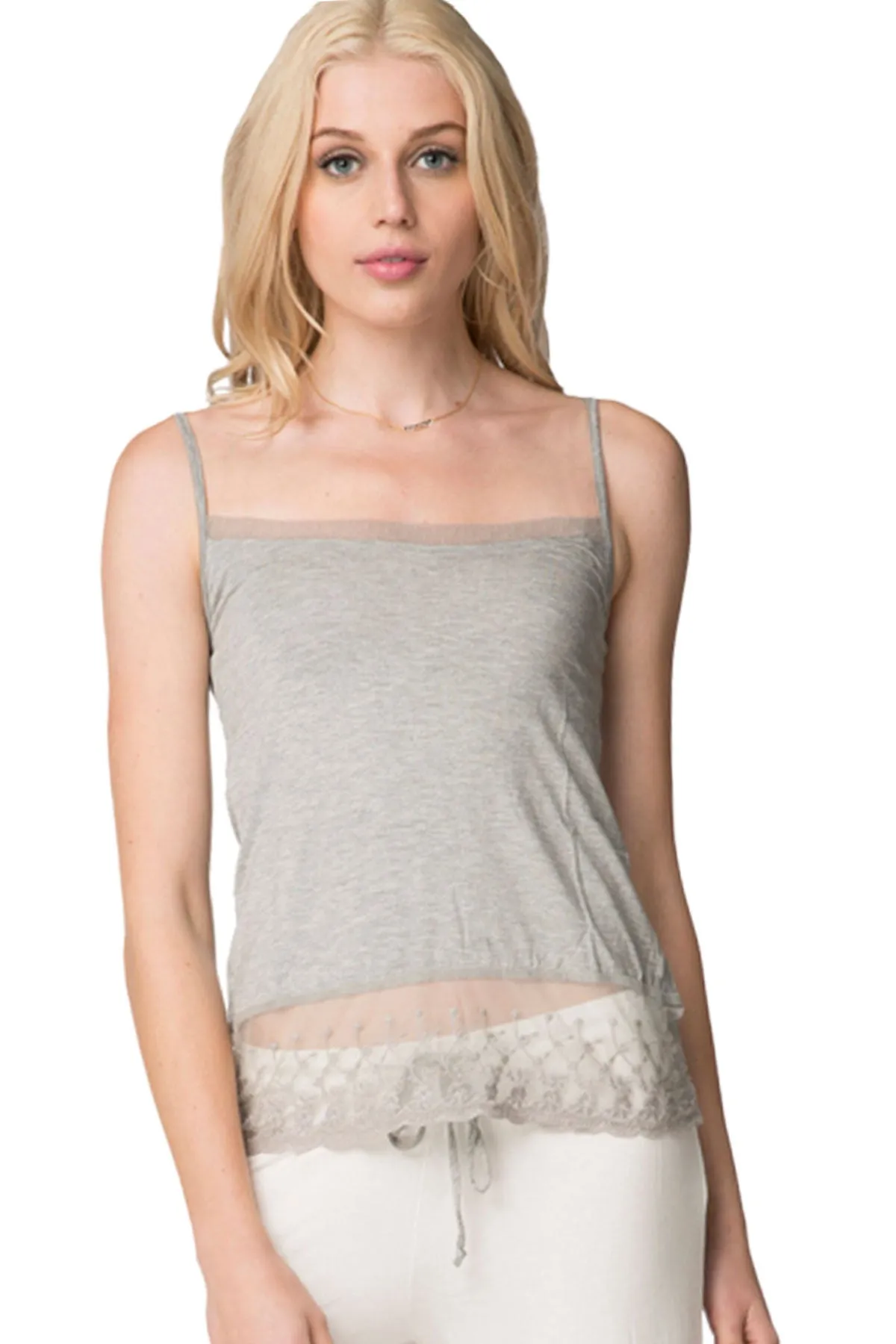 Rayon Jersey Stretch Cami with Embroidery Lace Hem | Crop Length