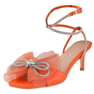 Rhinestone Bow Lace Up Rhinestones Strap Kitten Heel Sandals for Women
