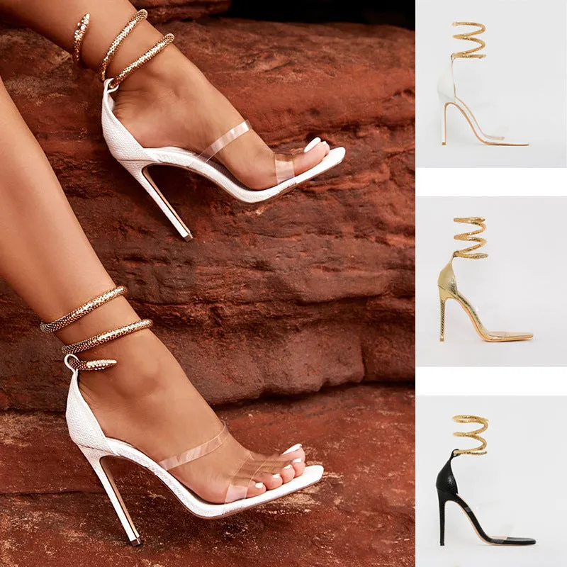 Serpentine Metal Ring Square Head Water Drill Stiletto Sandals