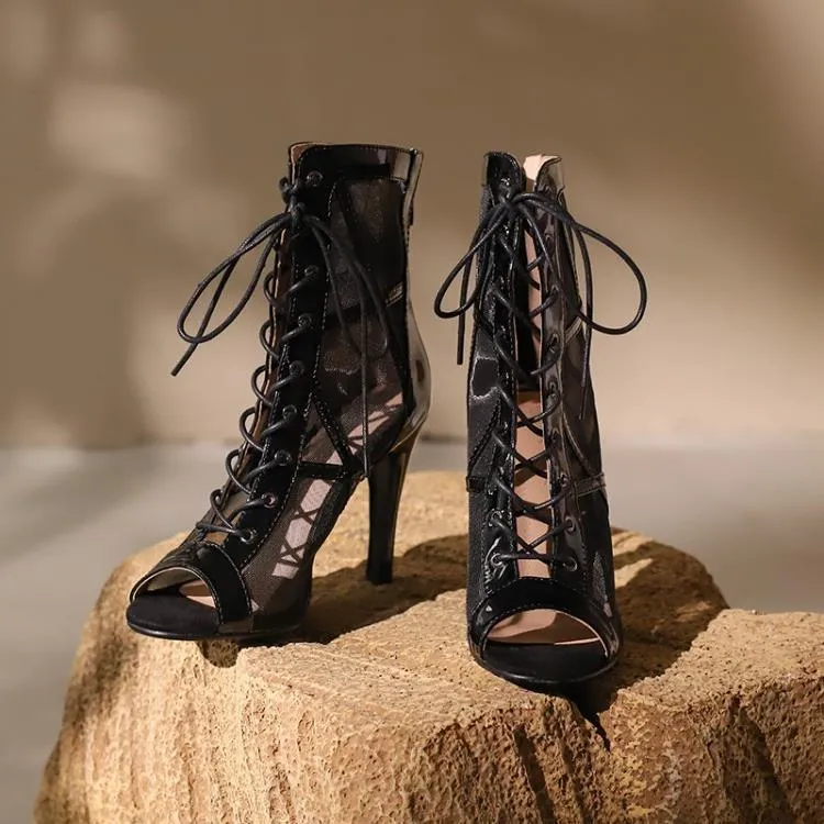 Sexy Latin Salsa Ballroom Dance Booties Mesh Hollowed Lace-up Booties Sandals