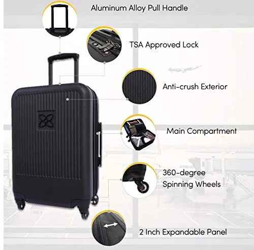 Sherpani Meridian, 22 Inch Travel Hardside Luggage, Durable Hardshell Luggage, Expandable Suitcases with Wheels, Rolling Luggage Carry On, Lightweight Carry On Luggage with Spinner Wheels (Black)
