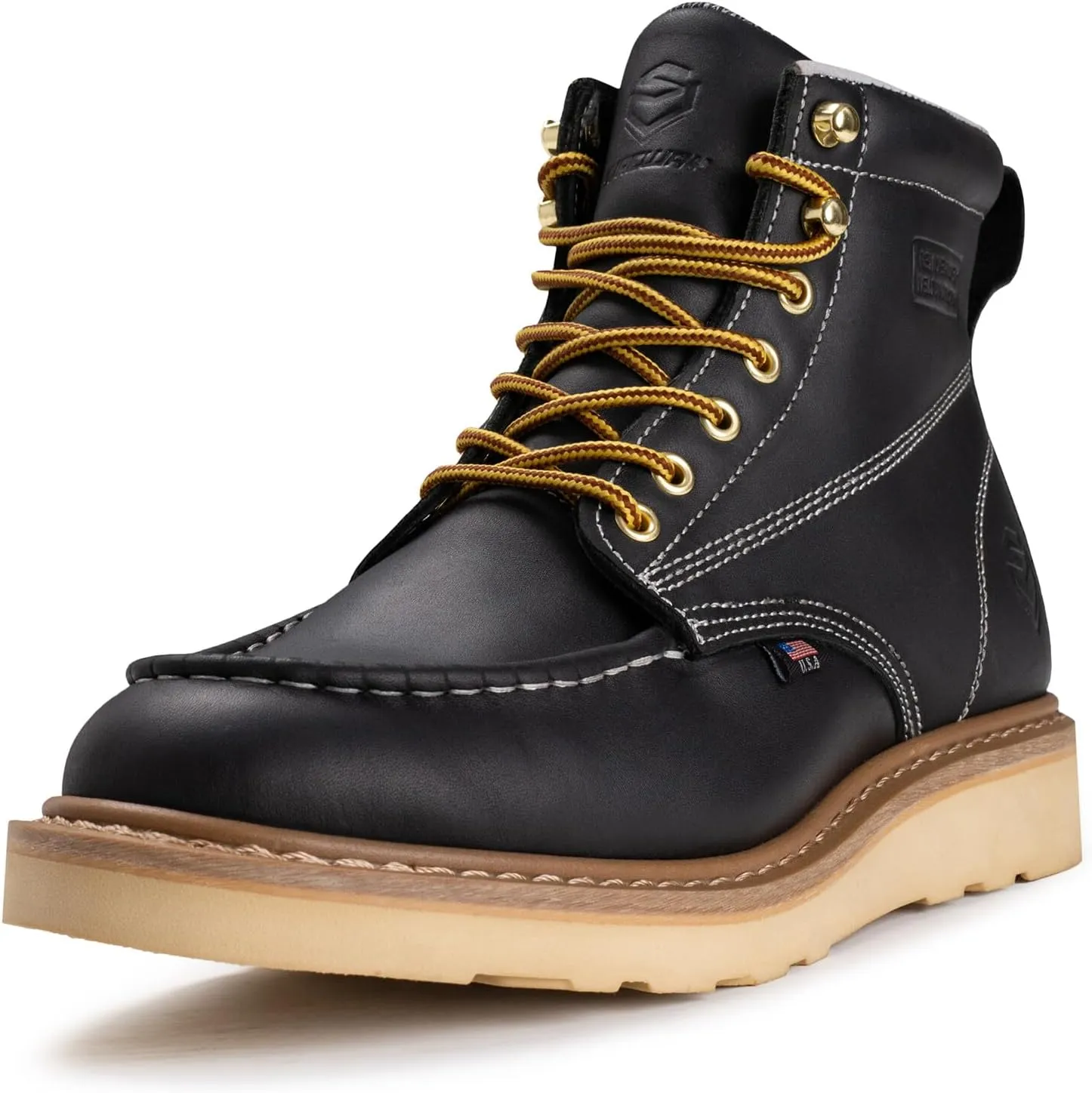 SUREWAY 6 in Mens Soft/Steel Toe Wedge Work Boots for Men-Full Grain Leather,Goodyear,Non-Slip EH Safety Industial Construction Moc Toe Work Boots/Shoes,Soft Toe Black,Size 12