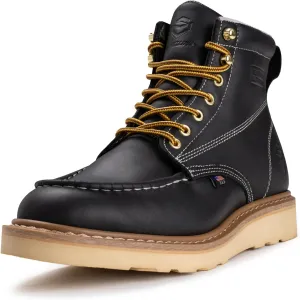 SUREWAY 6 in Mens Soft/Steel Toe Wedge Work Boots for Men-Full Grain Leather,Goodyear,Non-Slip EH Safety Industial Construction Moc Toe Work Boots/Shoes,Soft Toe Black,Size 12