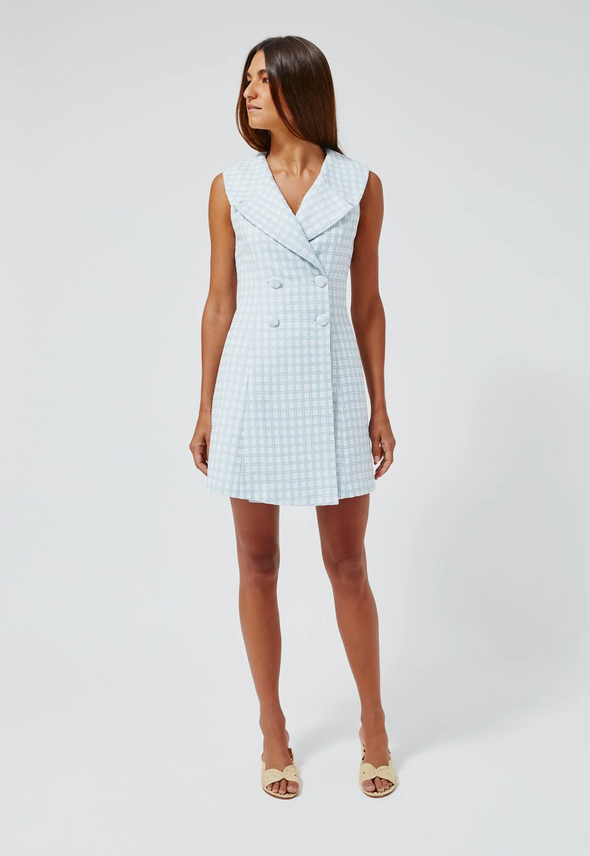 THE DOUBLE BREASTED LAPEL DRESS in VINTAGE BLUE CHECK BOUCLE