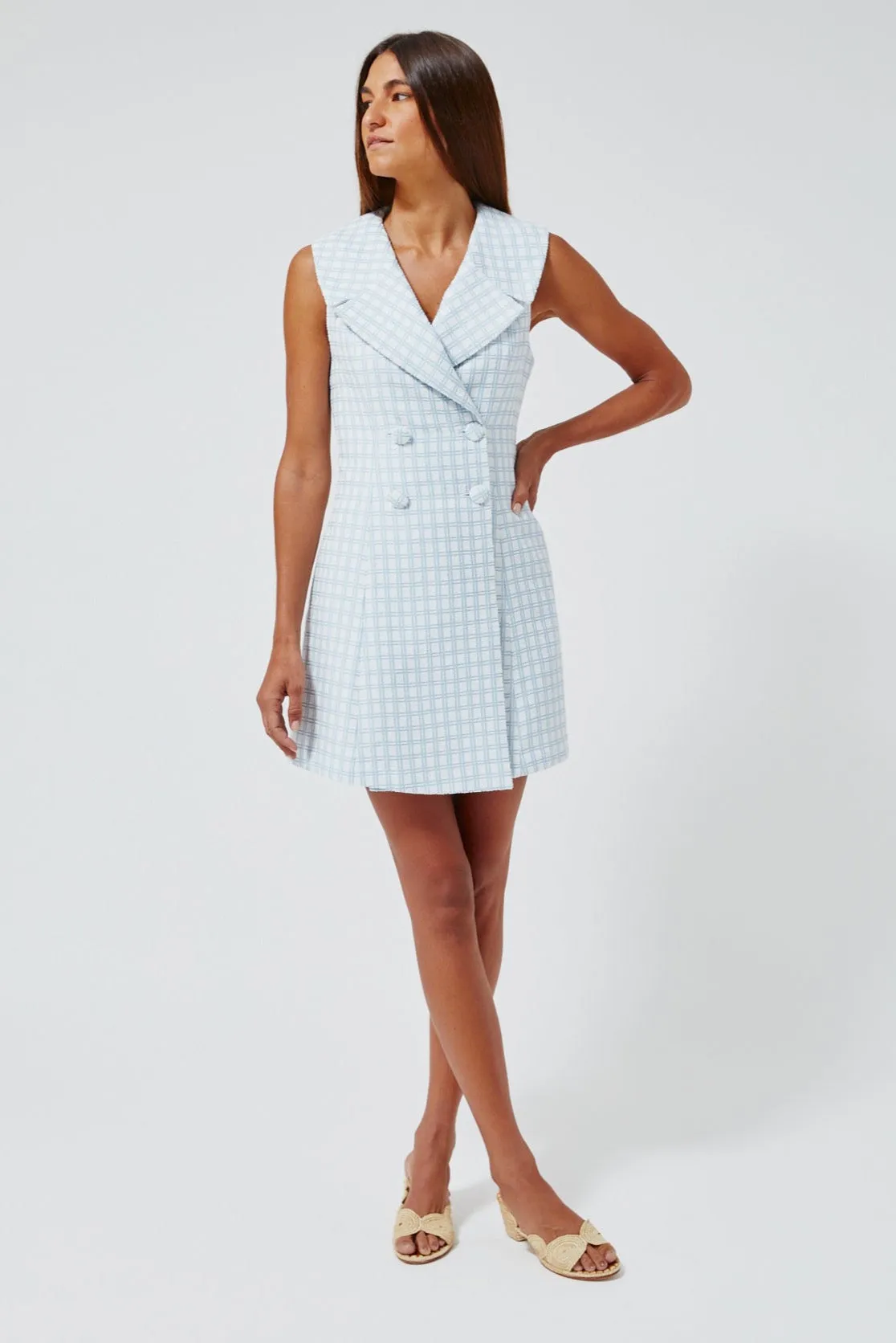 THE DOUBLE BREASTED LAPEL DRESS in VINTAGE BLUE CHECK BOUCLE