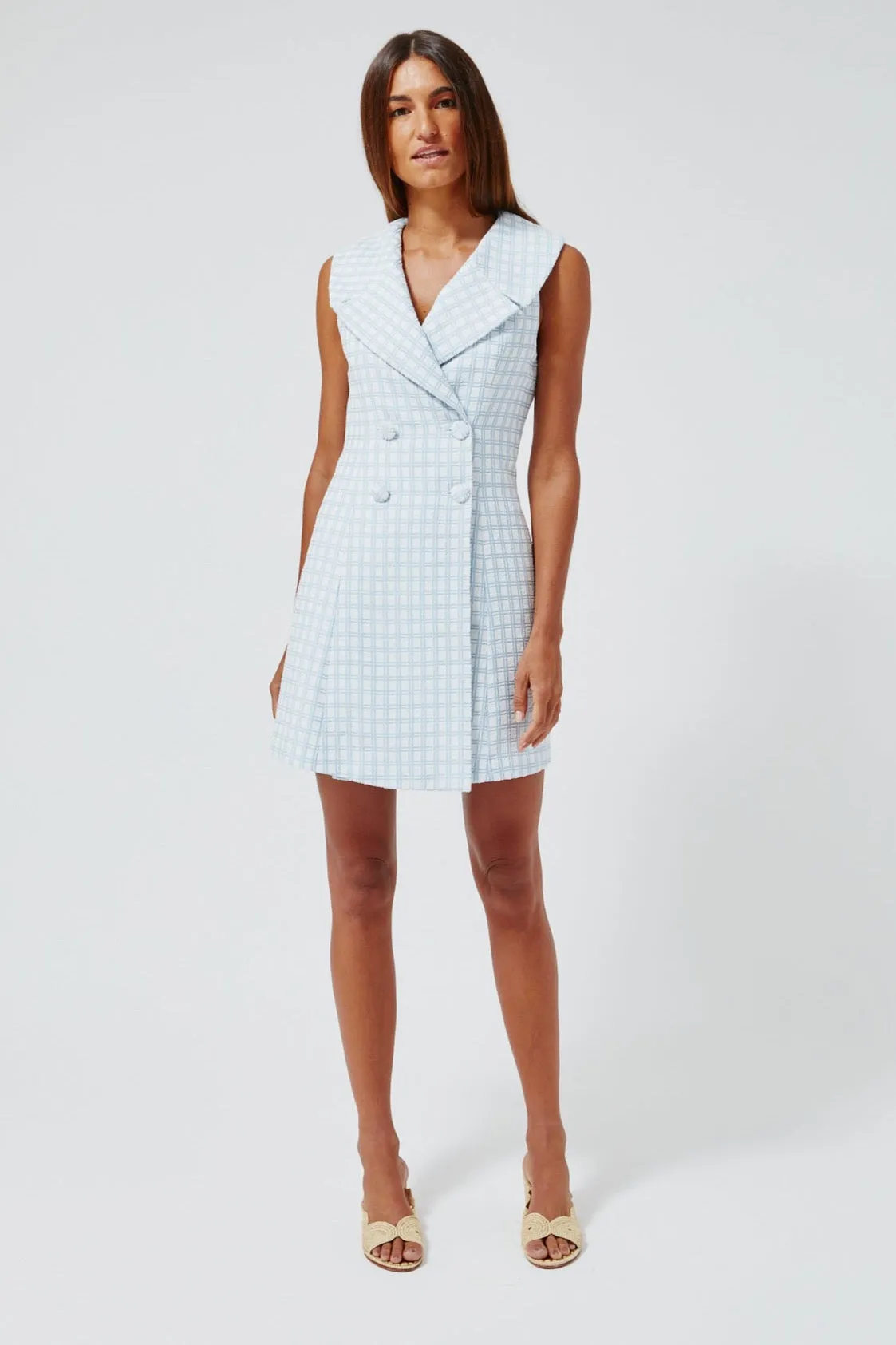THE DOUBLE BREASTED LAPEL DRESS in VINTAGE BLUE CHECK BOUCLE