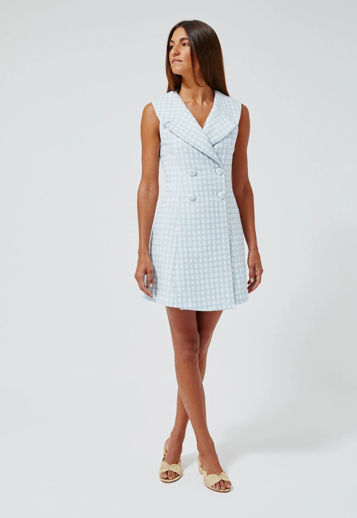 THE DOUBLE BREASTED LAPEL DRESS in VINTAGE BLUE CHECK BOUCLE