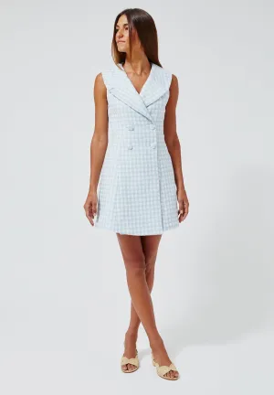 THE DOUBLE BREASTED LAPEL DRESS in VINTAGE BLUE CHECK BOUCLE