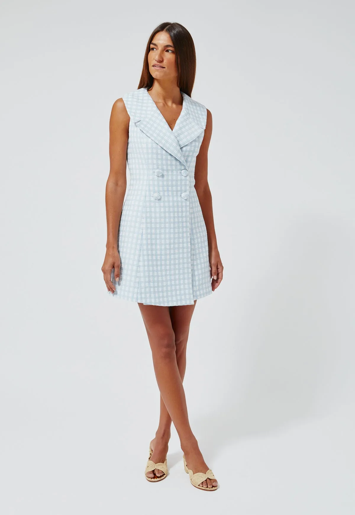 THE DOUBLE BREASTED LAPEL DRESS in VINTAGE BLUE CHECK BOUCLE