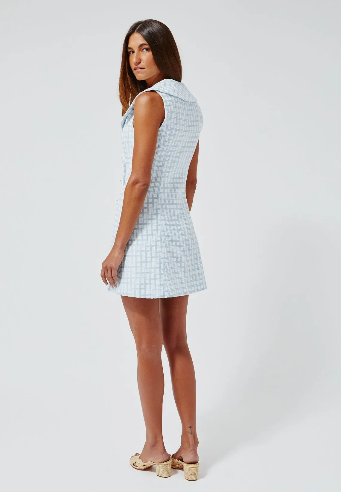 THE DOUBLE BREASTED LAPEL DRESS in VINTAGE BLUE CHECK BOUCLE
