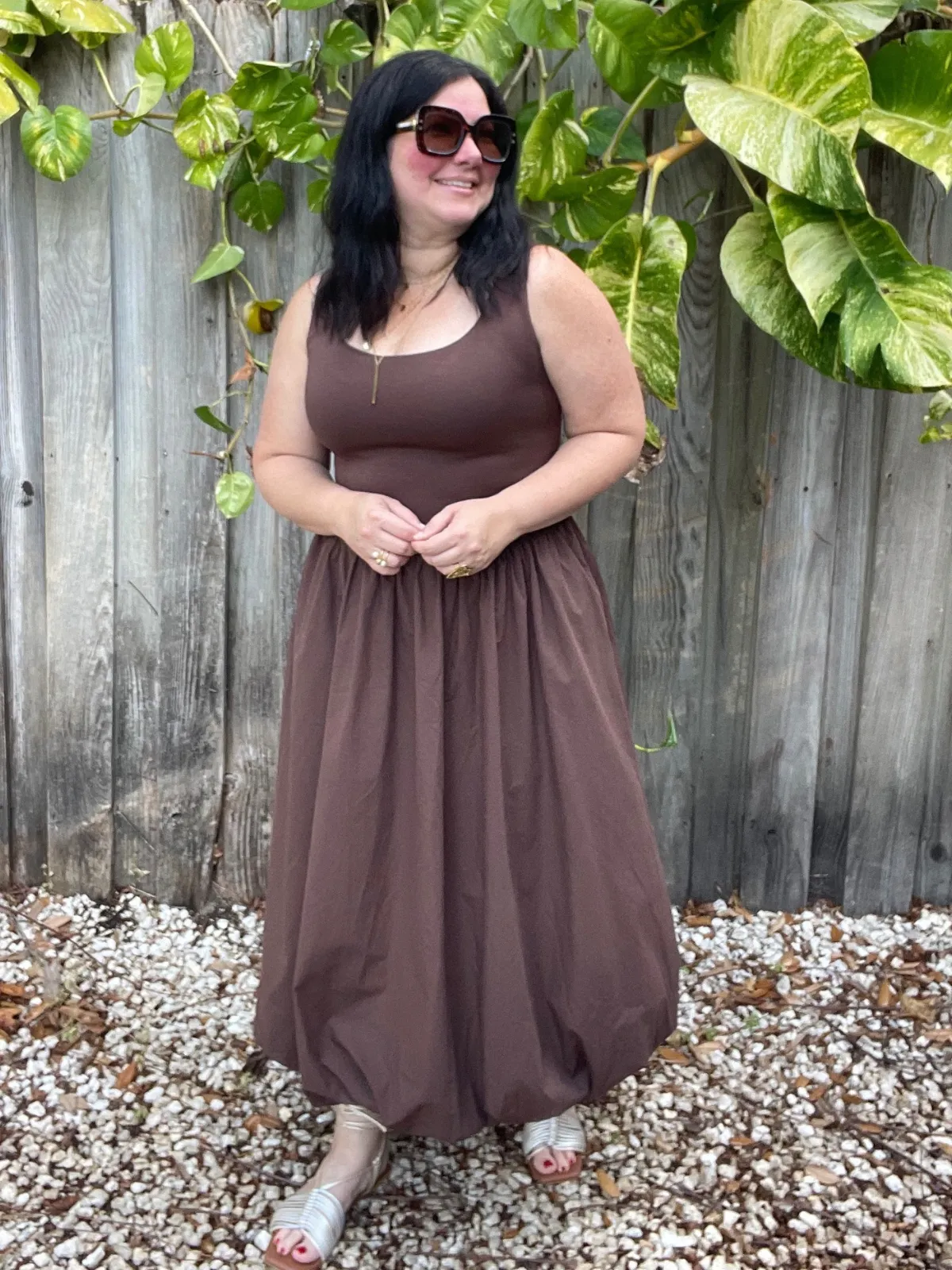 The Mocha Mousse Balloon Hem Midi Dress