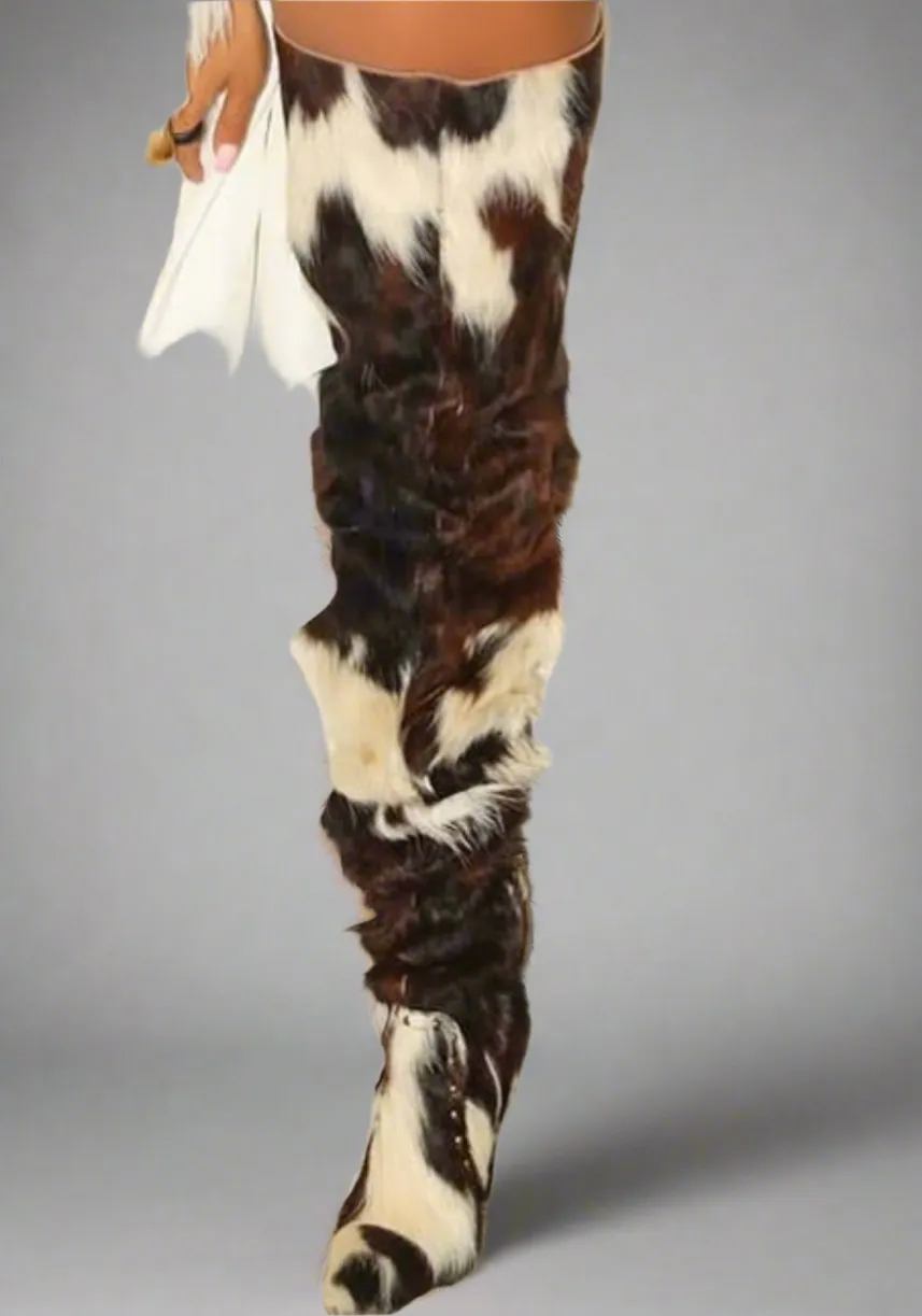 Thigh High Cow Hide Fur Boots