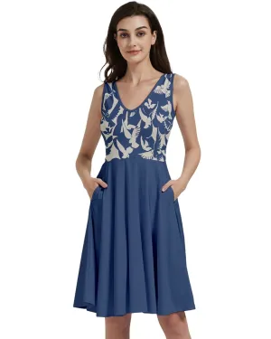 V-Neck Skater Dress with Pockets and Japanese Art Print