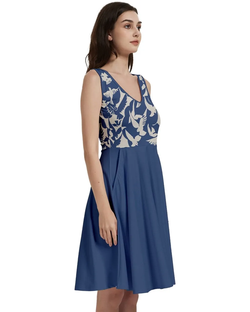 V-Neck Skater Dress with Pockets and Japanese Art Print