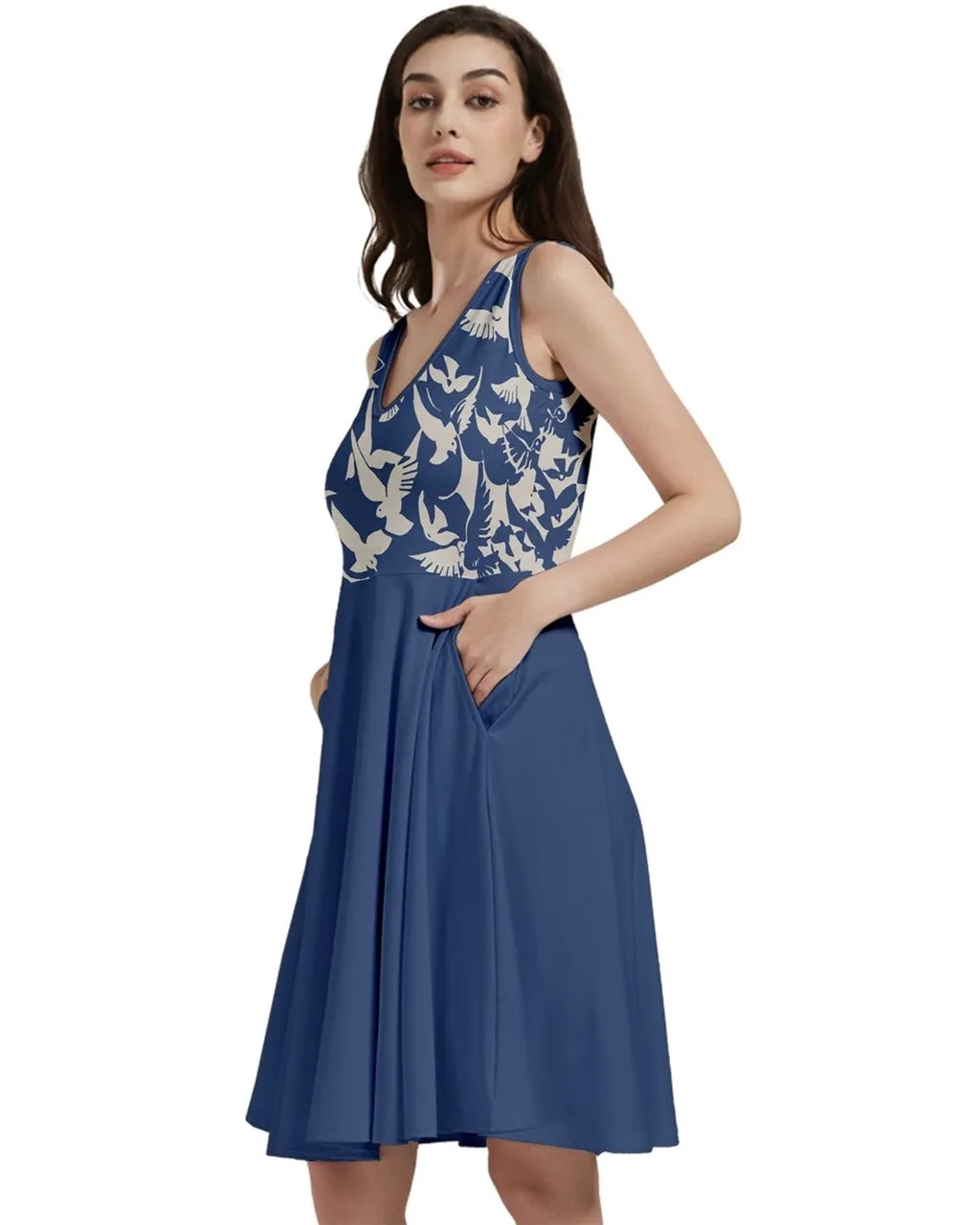 V-Neck Skater Dress with Pockets and Japanese Art Print