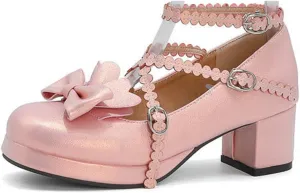 VOKLIN Women's Girls Lolita Mary Janes Pumps Princess Sweet Bow Cross Strap Block Mid Heel Oxford Dress Shoes